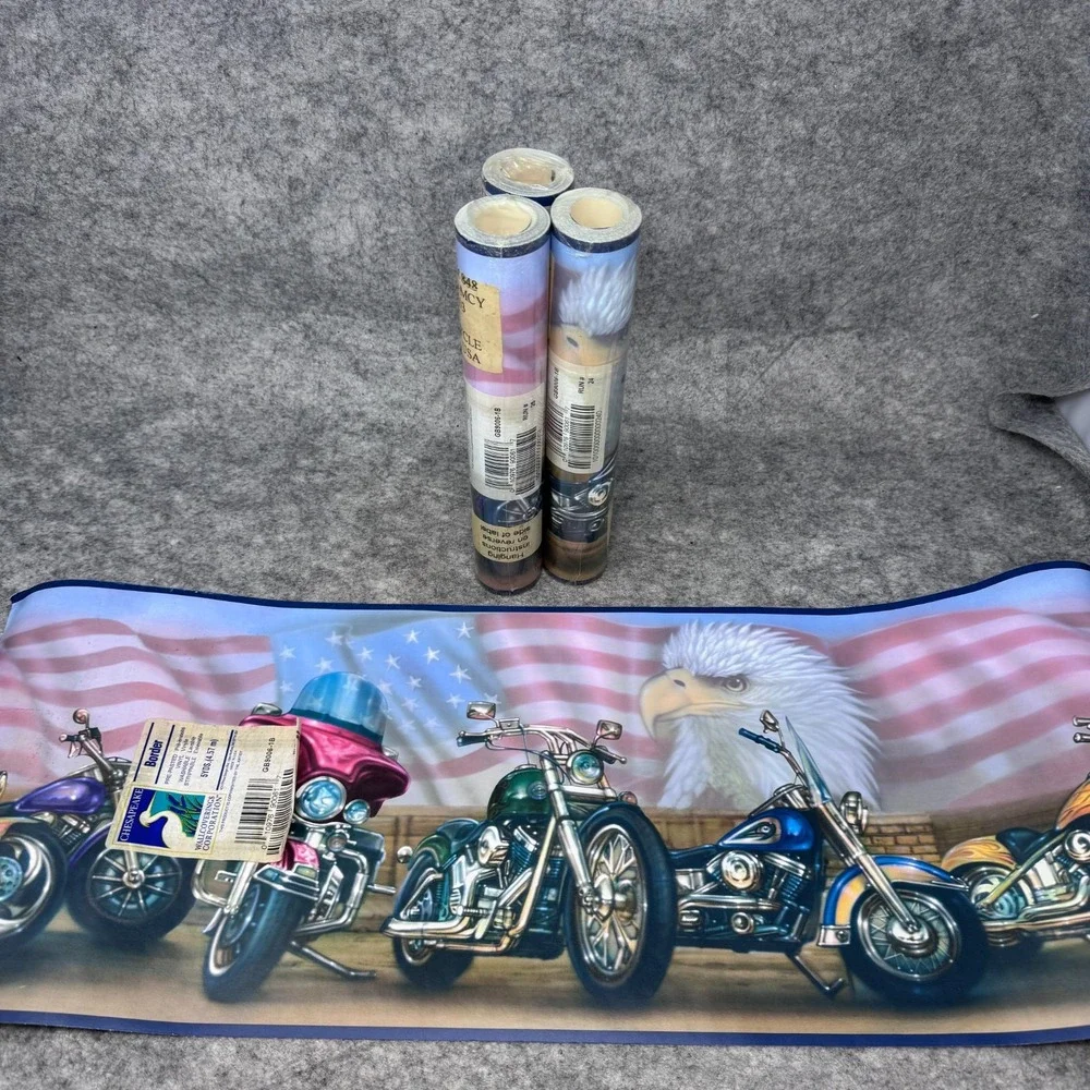 Vtg Chesapeake Motorcycle Wall Border GB9006-1B USA Flag Eagle Vinyl Prepasted